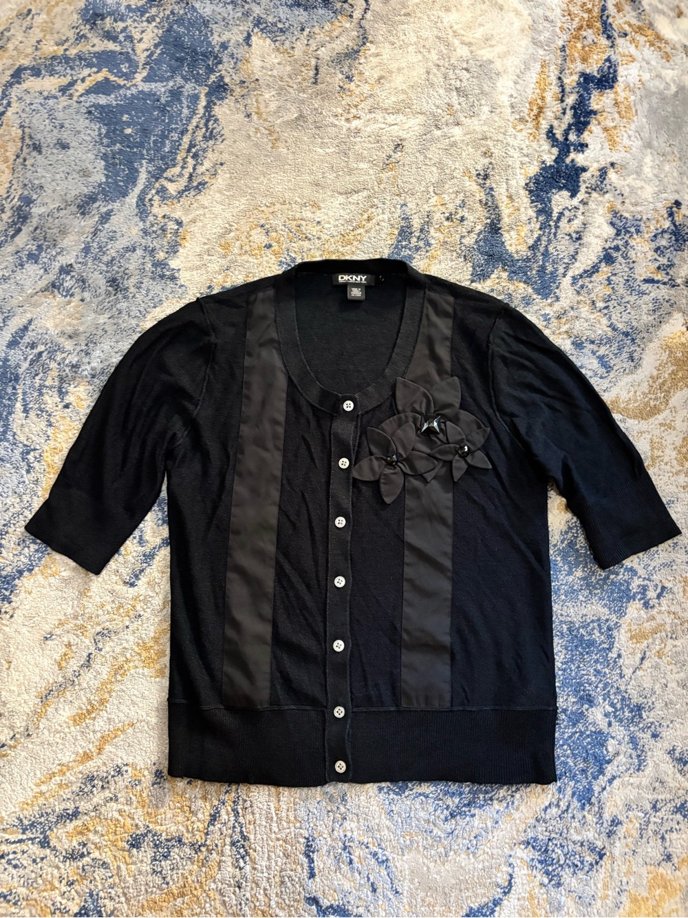 DKNY Black Short-Sleeve Cardigan with Satin Panels & Floral Appliqué